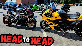 BmwS1000rr vs SuzukiGSXR1000R Head to Head  Battle Royale  Whos Faster 🤔 [upl. by Ledairam831]