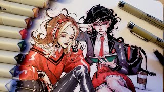 ✦ Sketchbook session using ALCOHOL MARKERS and FINE LINERS  Condensed realtime art process [upl. by Aicnilav]