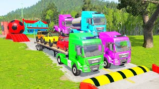 Double Flatbed Trailer Truck vs speed bumpsBusses vs speed bumpsBeamng Drive 11 [upl. by Ivanah]