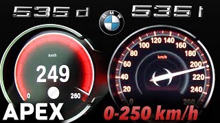 2017 BMW 535i vs 535d  Acceleration Sound 0100 0250 kmh  APEX [upl. by Anirtruc]