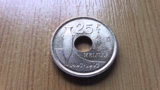 Melilla from 1497 to 1997  Spain 25 PTAS coin in HD [upl. by Nylhsa940]