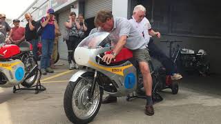 Starting up an original Mike Hailwood 1967 Honda 6 RC174 at Donington Park on 3rd August 2019 [upl. by Marijo264]