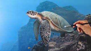 Underwater scene painting tutorial  how to paint a sea turtle a reef and lots of details [upl. by Alexio]