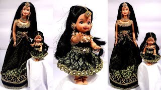 Indian Barbie Mom and Daughter matching BLACK Dress  Outfit with jewellery  Indian Barbie Gown DIY [upl. by Ayanet]