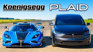 Koenigsegg v Model X Plaid DRAG RACE [upl. by Ardnosac738]