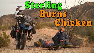 Sterling Noren  Motorcycle Travel Channel Burns Freedom Chicken on a Firebox Stove [upl. by Milburn]