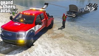 GTA 5 Real Life Mod 166 2020 Ford F350 Tow Truck Towing A Pickup amp Jet Ski Trailer Stuck In Water [upl. by Ordnasil]