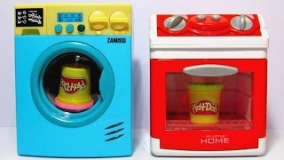 Toy Washing Machine and Toy Stove Playing with PlayDoh Детская стиральная машинка и детская плита [upl. by Gault]