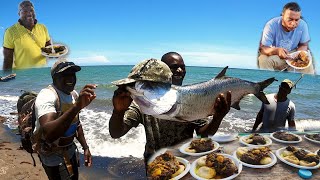 adventurous tarpon fishing catch clean and cook curry brown stew pineapple tarpon on the beach [upl. by Markiv]