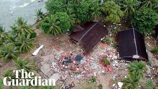 Drone footage shows damage caused by Indonesian tsunami [upl. by Sonitnatsok866]