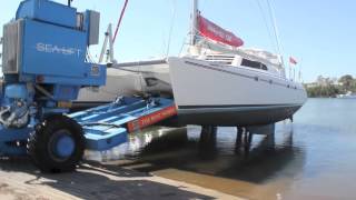 Lifting 47 ft Catamaran at The Boat Works Coomera [upl. by Llenrad387]