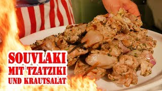 Souvlaki mit Tzatziki und Krautsalat  BBQ Grill Rezept Video  Die Grillshow 244 [upl. by Anifad]