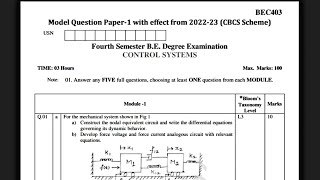 Control Systems BEC403 MODEL QUESTION PAPER 2022 scheam FOR 4th sem ECE STREAM [upl. by Ydor746]