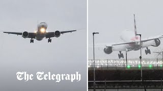 Storm Gerrit Big Jet TV captures Boeing 777 pulling off insane landing at Heathrow [upl. by Tenom]