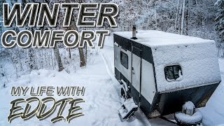 WINTER CAMPING in a DIY CAMPER TRAILER using only a WOOD STOVE for HEAT [upl. by Suriaj]