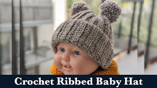 Crochet Ribbed Baby Hat with Yarn Poms [upl. by Eirrehc909]