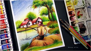 Watercolor painting  How to draw scenery of fishing step by step  Sanju Arts [upl. by Anihpesoj]