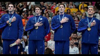 Team USA wins first GOLD of Paris Olympics in mens 4X100 freestyle swimming relay 7272024 [upl. by Gnol]