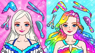 Paper Dolls Dress Up  Rainbow Rapunzel amp Blue Elsa Need To New Hair Barbie Transformation Handmade [upl. by Nayrb]