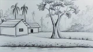 Pencil sketch scenery drawing tutorial  Easy village scenery drawing [upl. by Fleeman]