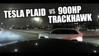 TESLA PLAID VS 900HP TRACKHAWK ROLL RACE [upl. by Assened]