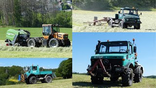 Siloballen pressen  wickeln  abfahren mit MB Unimog U1400 U1600 U406 und Doppstadt Trac 150 [upl. by Aivull]