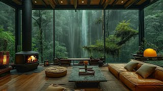 Cozy Forest Living Room Ambience with Soothing Waterfall  Rain Sounds For Meditation Deep Sleep [upl. by Desdamonna85]