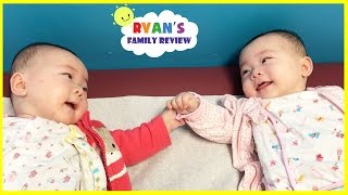 Twin babies talking to each other and holding hands Babies laughing with Ryans Family Review Vlog [upl. by Walke]