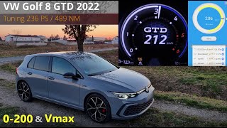 VW Golf 8 GTD Chiptuning 236 PS489 NM 0200 Kmh Acceleration amp Topspeed Dragy GPS [upl. by Anaihs]