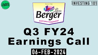 Berger Paints Q3 FY24 Earnings Call  Berger Paints FY24 Q3 Concall [upl. by Adabel379]