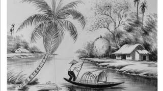 Scenery pencil drawing  How to draw scenery village step by step  nature drawing [upl. by Terence]