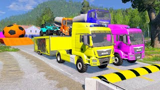 Double Flatbed Trailer Truck vs speed bumpsBusses vs speed bumpsBeamng Drive 5 [upl. by Yanehc]