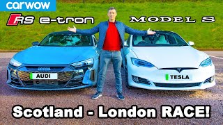 Audi RS etron GT v Tesla Model S 571mile ScotlandtoLondon RACE amp REVIEW [upl. by Kcyrred]