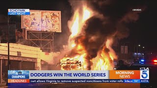 LA Metro bus set on fire in Echo Park as fans celebrated Dodgers World Series win [upl. by Barden146]