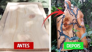 Aprenda a fazer o efeito lichtenberg queimando a madeira e aplicando Resina Epoxi Wood Burning [upl. by Kciredes]