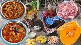 village cooking CHICKEN MEAT CURRY And ALU KUMRO Recipe prepared for eating lunch [upl. by Rehpotsyrk483]