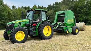 Baling Hay With Brand New John Deere 5100M Tractor And 450M Baler Repost [upl. by Herriott]