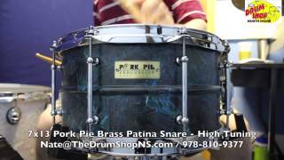 Pork Pie Brass Patina Snare Drum 7x13  The Drum Shop North Shore [upl. by Enilram]