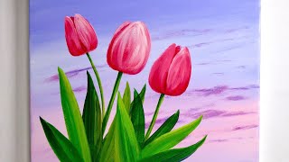 Easiest Way to Draw Tulip Flower  Acrylic Painting for beginner [upl. by Leuqer]