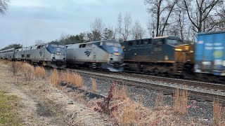 Threeway meet in Lorton Amtrak Auto Train 157 Northeast Regional and CSX M410 [upl. by Nedda]