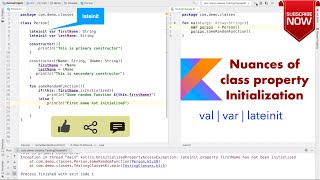 Nuances of class property initialization  val varlateinit Kotlin Fundamentals Tutorial  Part 12 [upl. by Doersten401]