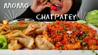 EATING SPICY CHATPATEY amp RECIPE  EATING WAI WAI CHIPS CHAAT EATING SPICY MOMO WITH SPICY CHUTNEY [upl. by Nerb]