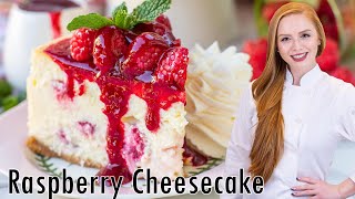 The BEST White Chocolate Raspberry Cheesecake  with raspberry sauce amp whipped cream [upl. by Latsirhc]