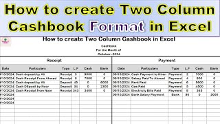 How to create Two Column Cashbook Format  How to create Two column cash book in excel  Cashbook [upl. by Onfroi]