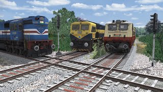 Three Diesel Trains Crossing each other at Same Track – Forked Railroad [upl. by Nastassia506]