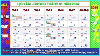 Lịch âm dương tháng 1 năm 2024  Lịch vạn niên tháng 12024 Giáp Thìn [upl. by Lenaj]