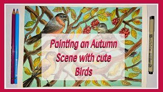 HOW I ILLUSTRATE COLORFUL BIRDS ON AUTUMN BRANCHES  Mixed Media ink watercolor amp cozy Music 🐦🍁 [upl. by Francisca]