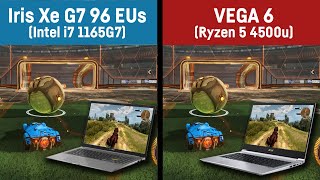 Intel Iris Xe i7 1165G7 vs VEGA 6 Ryzen 5 4500u in 8 games [upl. by Reed]