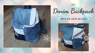 Drawstring Backpack with flap out of old jeansBackpack sewing tutorialRucksackHow to sew bag [upl. by Sandry547]