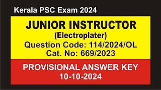 Junior Instructor Electroplater Department Industrial Training Provisional Answer Key 10102024 [upl. by Alvarez]